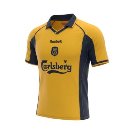 Camiseta retro Liverpool 2000/01 tercera equipación amarilla y azul marino — vista frontal en maniquí