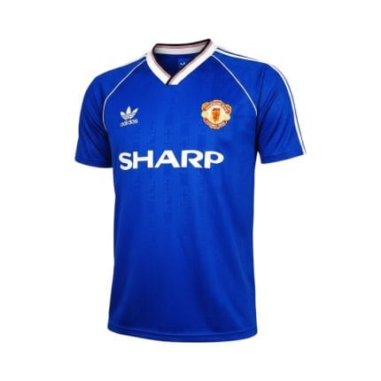 Camiseta retro Manchester United 1988/90 tercera equipación azul — vista frontal en maniquí