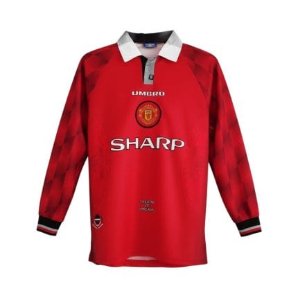 Camiseta retro Manchester United 1996/97 primera equipación manga larga — vista frontal en maniquí