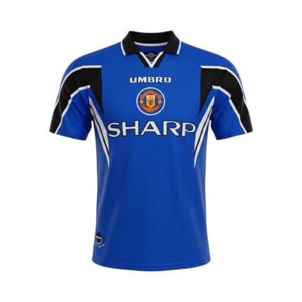 Camiseta retro Manchester United 1996/98 tercera equipación azul — vista frontal en maniquí
