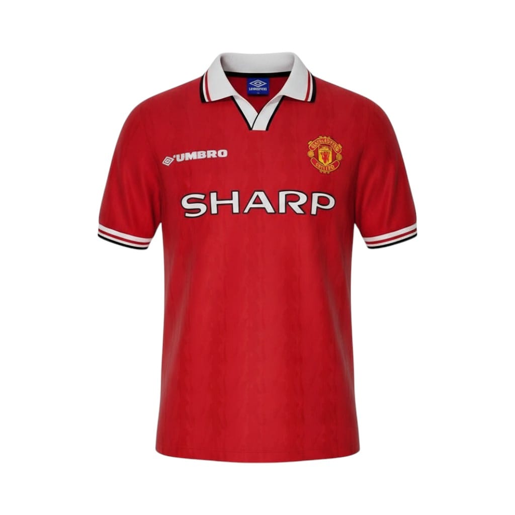 camiseta-retro-manchester-united-1998-99-primera-equipacion-01 Camiseta retro Manchester United 1998/99 primera equipación — vista frontal en maniquí