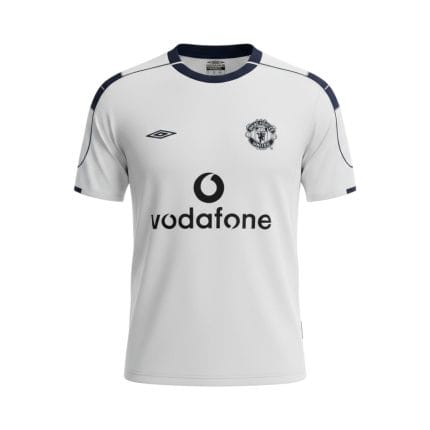 Camiseta retro Manchester United 2000/01 segunda equipación blanca — vista frontal en maniquí
