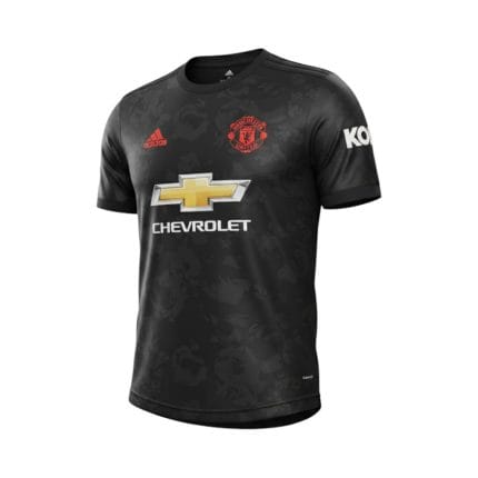 Camiseta retro Manchester United 2019/20 Tercera Equipación negra con patrón floral — vista frontal en maniquí