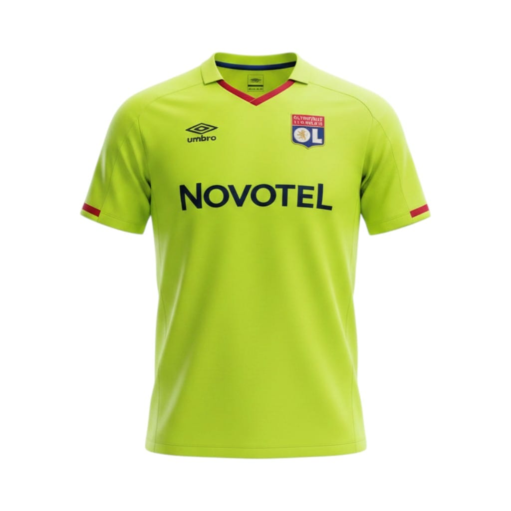 camiseta-retro-olympique-de-lyon-2008-09-segunda-equipacion-01 Camiseta retro Olympique de Lyon 2008/09 segunda equipación amarilla fluorescente — vista frontal en maniquí