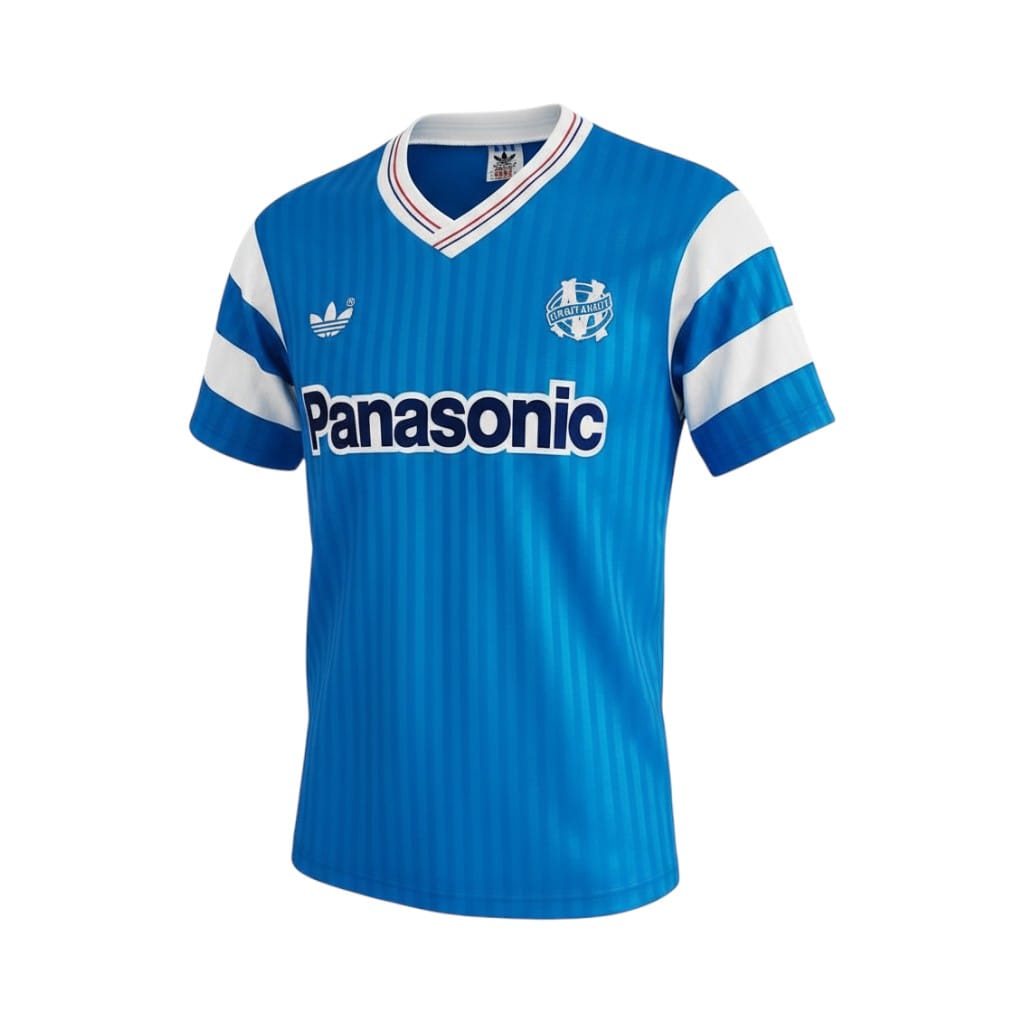 camiseta-retro-olympique-de-marsella-1990-segunda-equipacion-01 Camiseta retro Olympique de Marsella 1990 segunda equipación — vista frontal en maniquí