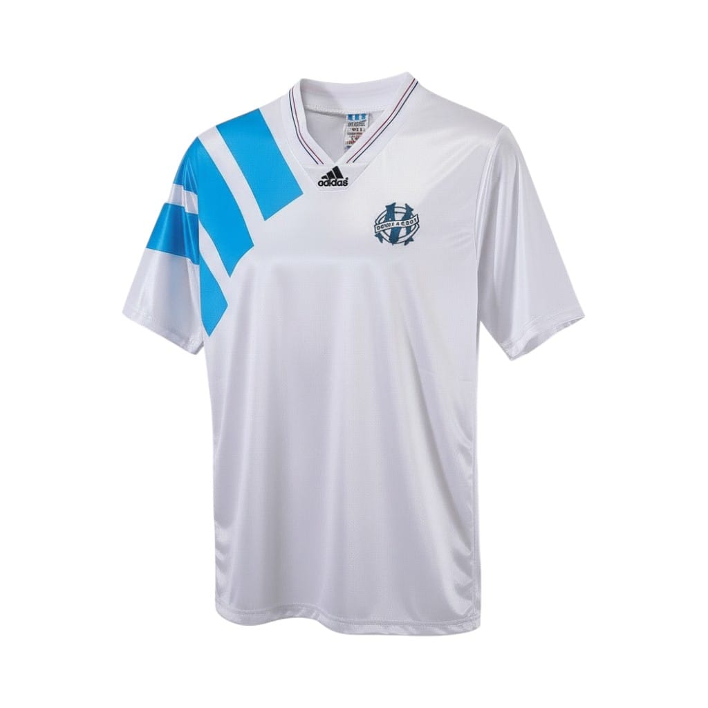 camiseta-retro-olympique-de-marsella-1992-93-primera-equipacion-01 Camiseta retro Olympique de Marsella 1992/93 primera equipación — vista frontal en maniquí