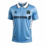 Camiseta retro de la segunda equipación del Olympique de Marsella de la temporada 1998/99. Diseño azul marino con detalles dorados.