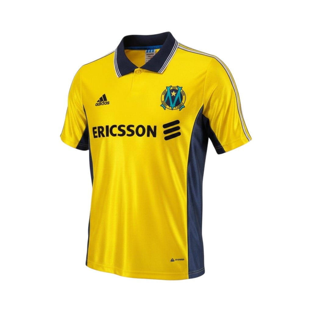 camiseta-retro-olympique-de-marsella-1998-99-tercera-equipacion-01 Camiseta retro Olympique de Marsella 1998/99 tercera equipación amarilla y azul marino — vista frontal en maniquí