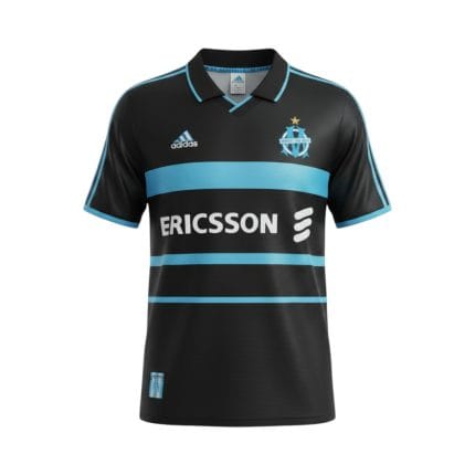 Camiseta retro Olympique de Marsella 1999/00 tercera equipación negra y celeste — vista frontal en maniquí