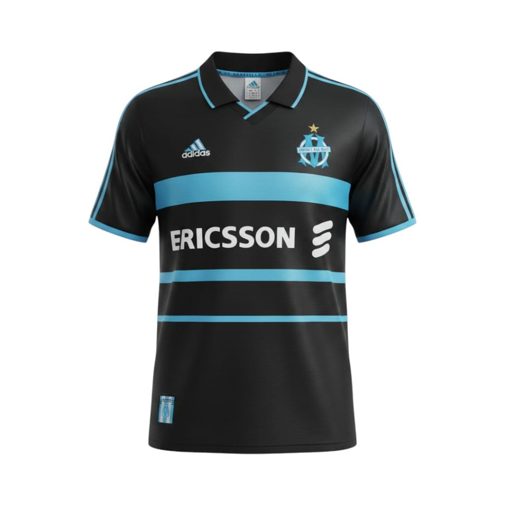 camiseta-retro-olympique-de-marsella-1999-00-tercera-equipacion-01 Camiseta retro Olympique de Marsella 1999/00 tercera equipación negra y celeste — vista frontal en maniquí