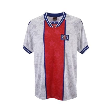 Camiseta retro PSG 1994/95 segunda equipación blanca y roja — vista frontal en maniquí