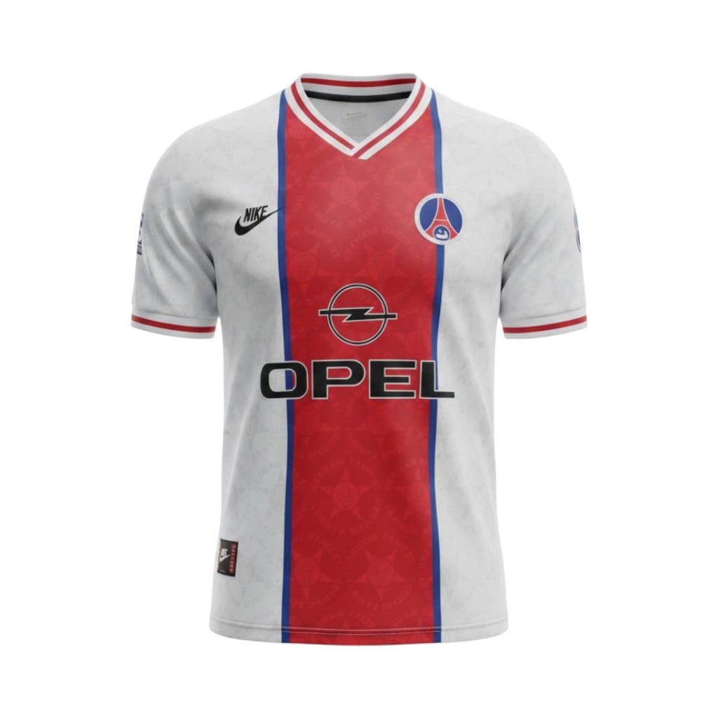 Camiseta retro PSG 1995/96 segunda equipación vista frontal en maniquí Camiseta retro PSG 1995/96 segunda equipación — vista frontal en maniquí
