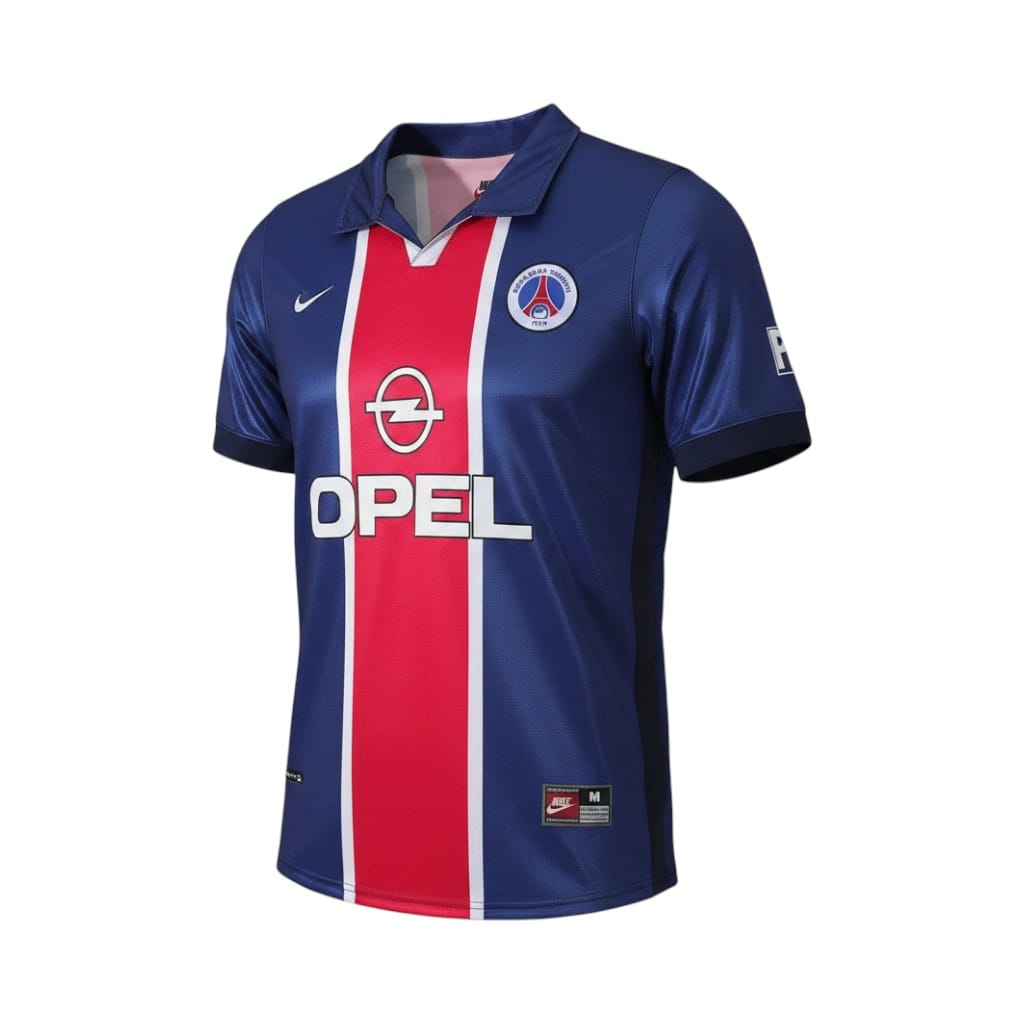 Camiseta retro PSG 1998/99 primera equipación vista frontal en maniquí Camiseta retro PSG 1998/99 primera equipación — vista frontal en maniquí