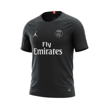 Camiseta retro PSG 2018/19, equipación negra con logo Jordan y sponsor Fly Emirates. — vista frontal en maniquí