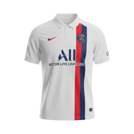 Camiseta retro PSG 2019/20 segunda equipación blanca — vista frontal en maniquí