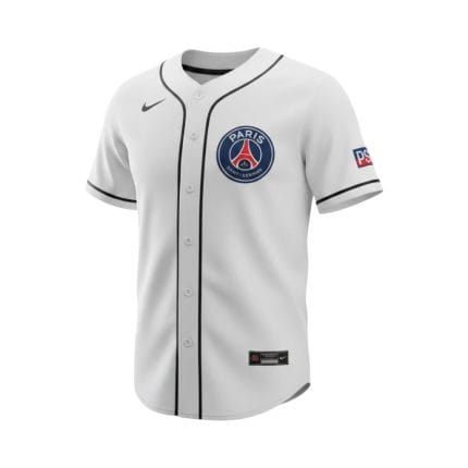Camiseta estilo béisbol PSG 2025 blanca con ribetes negros. — vista frontal en maniquí