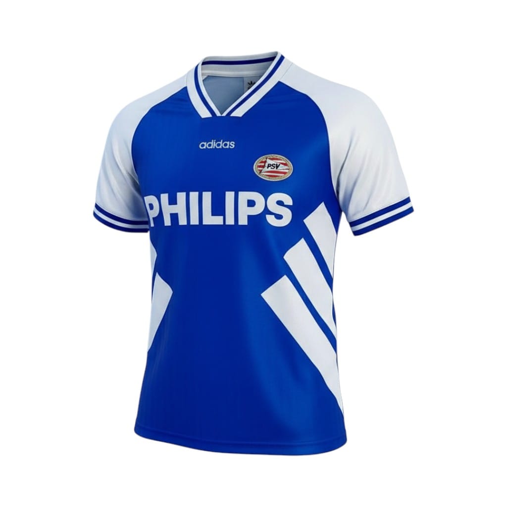 camiseta-retro-psv-eindhoven-1994-segunda-equipacion-01 Camiseta retro PSV Eindhoven 1994-1995 segunda equipación azul y blanca — vista frontal en maniquí