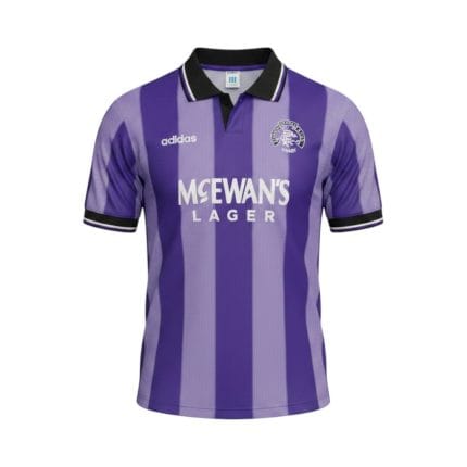 Camiseta retro Rangers 1993/94 tercera equipación morada a rayas — vista frontal en maniquí