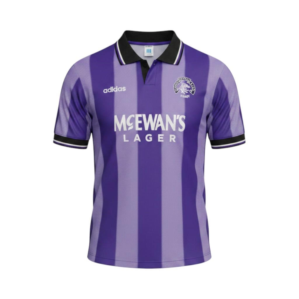 camiseta-retro-rangers-1993-94-tercera-equipacion-01 Camiseta retro Rangers 1993/94 tercera equipación morada a rayas — vista frontal en maniquí