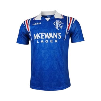 Camiseta retro del Rangers FC de la temporada 1996/97, primera equipación. — vista frontal en maniquí