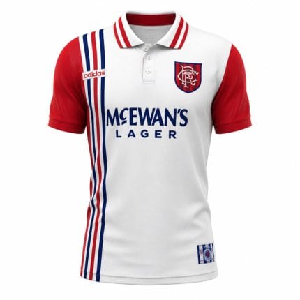Camiseta retro de la segunda equipación del Rangers FC de la temporada 1996-1997. Uniforme de visitante naranja y azul para adulto.