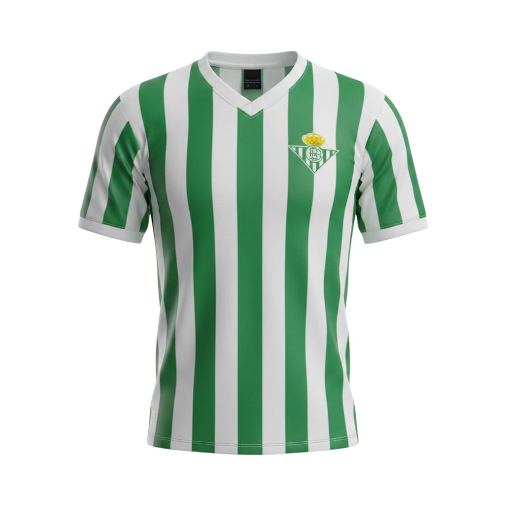 Camiseta retro Real Betis 1976/77 primera equipación vista frontal en maniquí Camiseta retro Real Betis 1976/77 primera equipación — vista frontal en maniquí