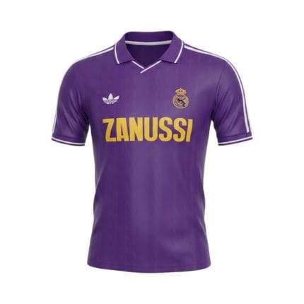 Camiseta retro Real Madrid 1984-1985 segunda equipación morada — vista frontal en maniquí