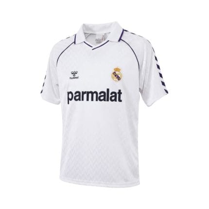 Camiseta retro Real Madrid 1986/87 primera equipación, blanca con detalles morados y sponsor Parmalat. — vista frontal en maniquí