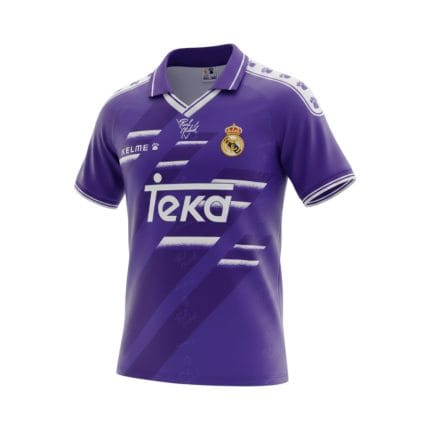 Camiseta retro Real Madrid 1994-96, segunda equipación morada de manga corta. — vista frontal en maniquí