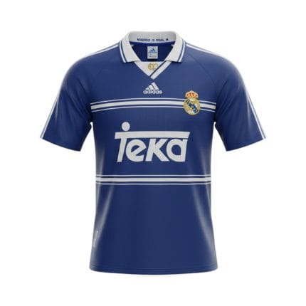 Camiseta retro Real Madrid 1998/99 segunda equipación azul marino — vista frontal en maniquí