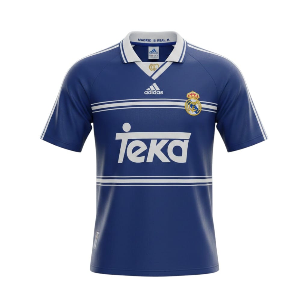 camiseta-retro-real-madrid-1998-99-segunda-equipacion-01 Camiseta retro Real Madrid 1998/99 segunda equipación azul marino — vista frontal en maniquí