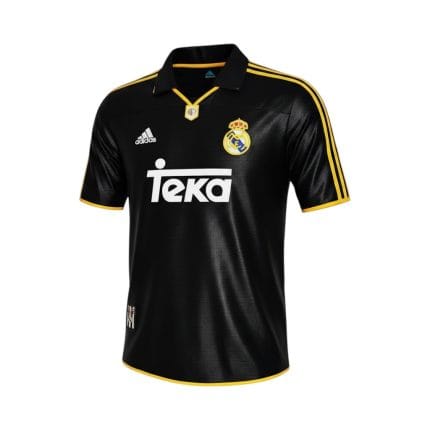 Camiseta retro Real Madrid 1999/01 segunda equipación negra y amarilla — vista frontal en maniquí
