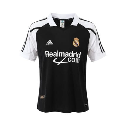 Camiseta retro Real Madrid 2001/02 segunda equipación negra y blanca — vista frontal en maniquí
