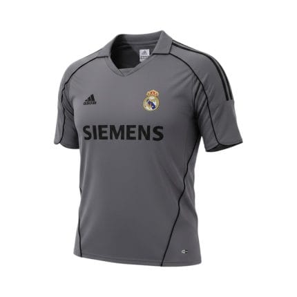 Camiseta retro Real Madrid 2005/06 tercera equipación gris con sponsor Siemens. — vista frontal en maniquí