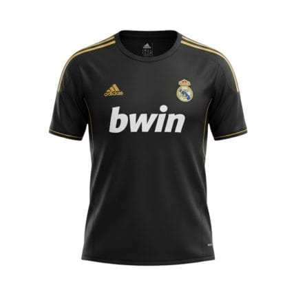 Camiseta retro Real Madrid 2011/12 segunda equipación negra y dorada — vista frontal en maniquí