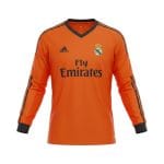 Camiseta Real Madrid 2013/14 Tercera Equipación Naranja Manga Larga — vista frontal en maniquí