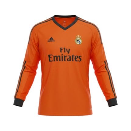 Camiseta Real Madrid 2013/14 Tercera Equipación Naranja Manga Larga — vista frontal en maniquí