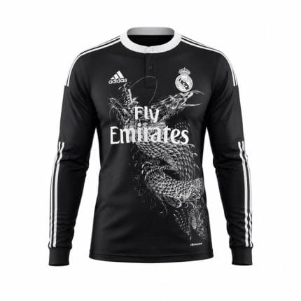 Camiseta retro de manga larga del Real Madrid. Tercera equipación para adulto de la temporada 2014-15, diseño de dragón en negro.