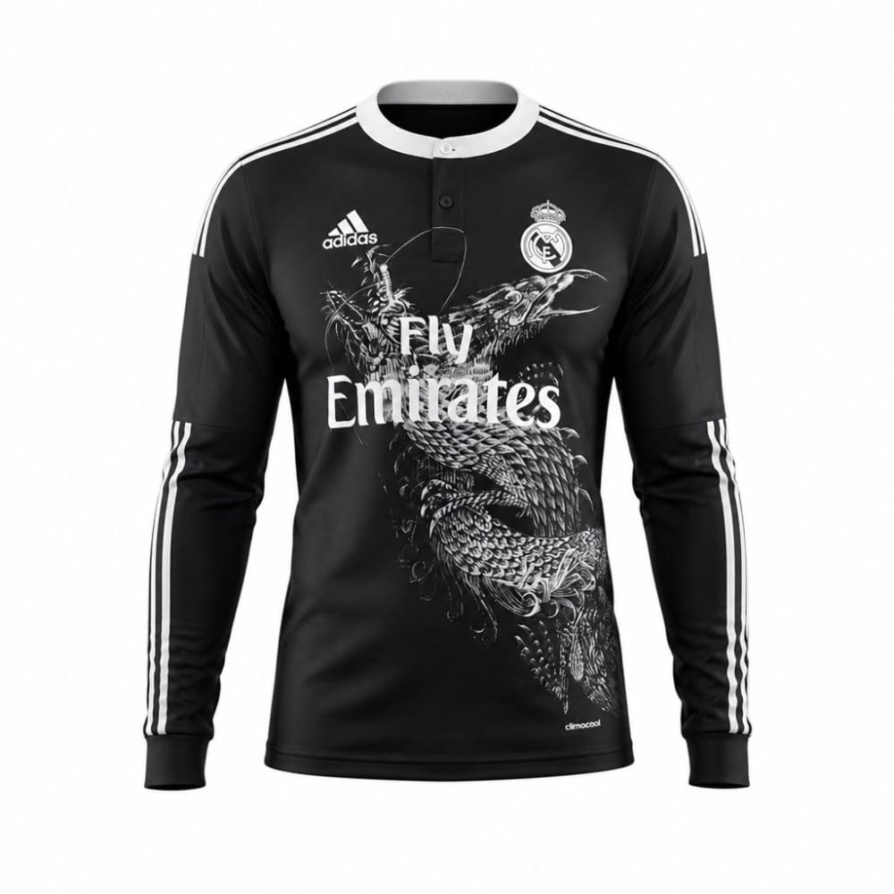 Camiseta Retro Real Madrid 2014/15 Tercera Equipación Manga Larga Camiseta retro de manga larga del Real Madrid. Tercera equipación para adulto de la temporada 2014-15, diseño de dragón en negro.