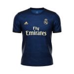 Camiseta retro Real Madrid 2019/20 segunda equipación azul marino y dorado — vista frontal en maniquí