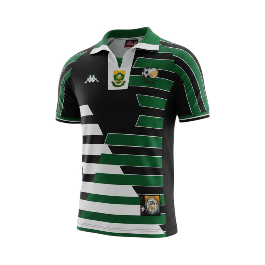 camiseta-retro-sudafrica-1998-segunda-equipacion-01 Camiseta retro Sudáfrica 1998 segunda equipación Kappa — vista frontal en maniquí