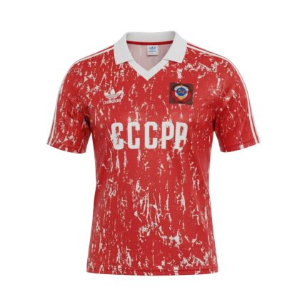 Camiseta retro URSS 1990 primera equipación roja con diseño de pinceladas blancas y logo Adidas. — vista frontal en maniquí