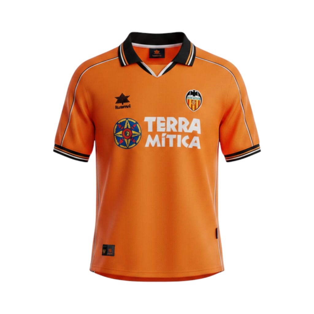 camiseta-retro-valencia-cf-1999-00-segunda-equipacion-01 Camiseta retro Valencia CF 1999/00 segunda equipación naranja Luanvi Terra Mítica — vista frontal en maniquí