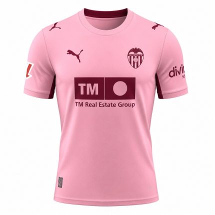 Vista frontal de la camiseta alternativa del Valencia CF para la temporada 2027 en color rosa para adulto.