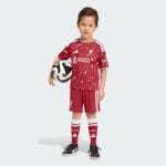 Equipación de fútbol para niños del Liverpool FC, primera equipación para la temporada 2026-2027. Camiseta y pantalón rojos.
