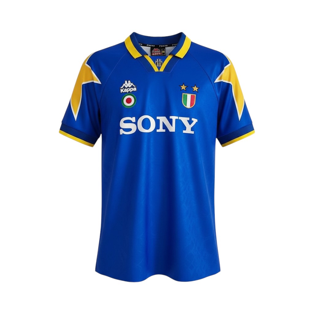 camiseta-retro-juventus-1995-96-segunda-equipacion-01 Camiseta retro Juventus 1995/96 segunda equipación azul con detalles amarillos — vista frontal en maniquí