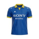 Camiseta retro Juventus 1997/98 segunda equipación azul y amarilla — vista frontal en maniquí