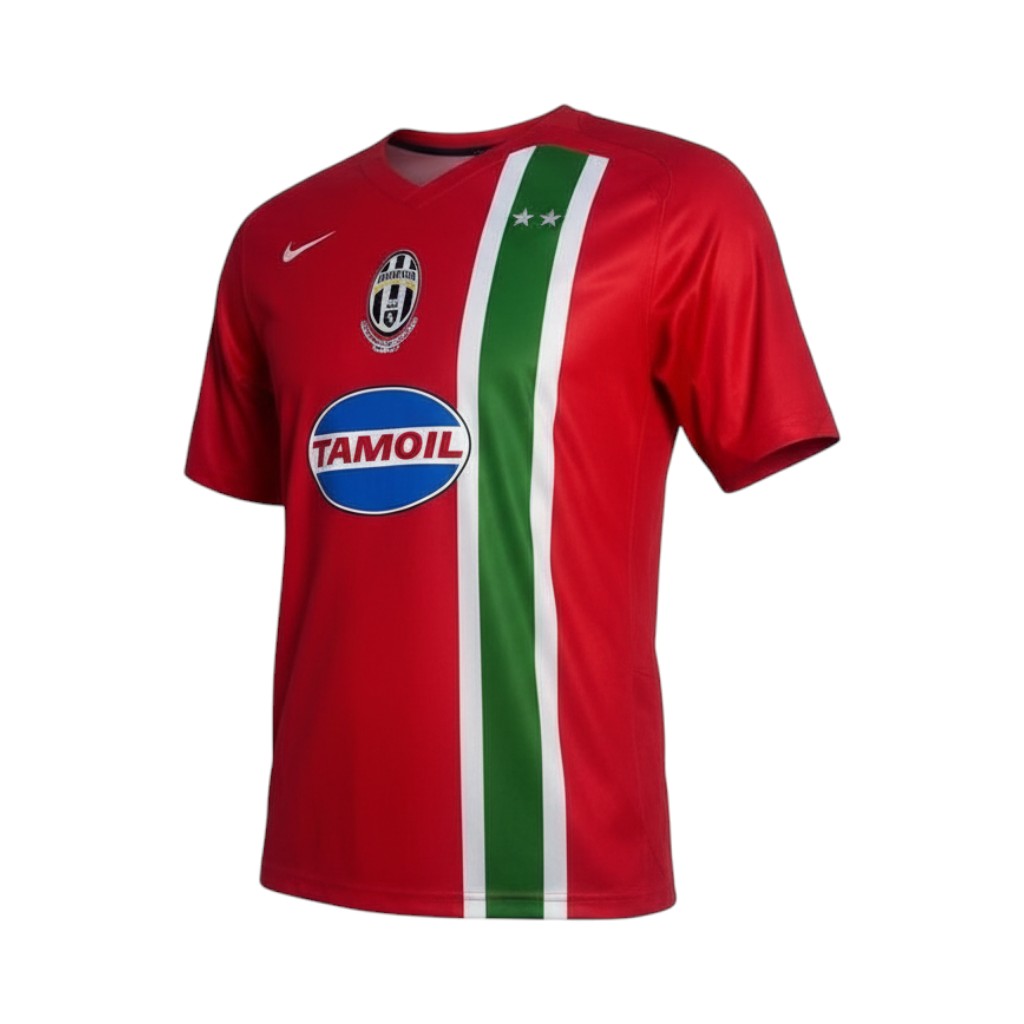 camiseta-retro-juventus-2005-06-segunda-equipacion-01 Camiseta retro Juventus 2005/06 segunda equipación roja — vista frontal en maniquí