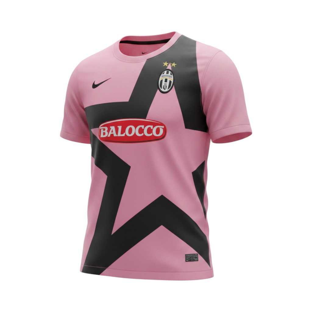 camiseta-retro-juventus-2011-12-segunda-equipacion-01 Camiseta retro Juventus 2011/12 Segunda Equipación rosa con estrella negra — vista frontal en maniquí