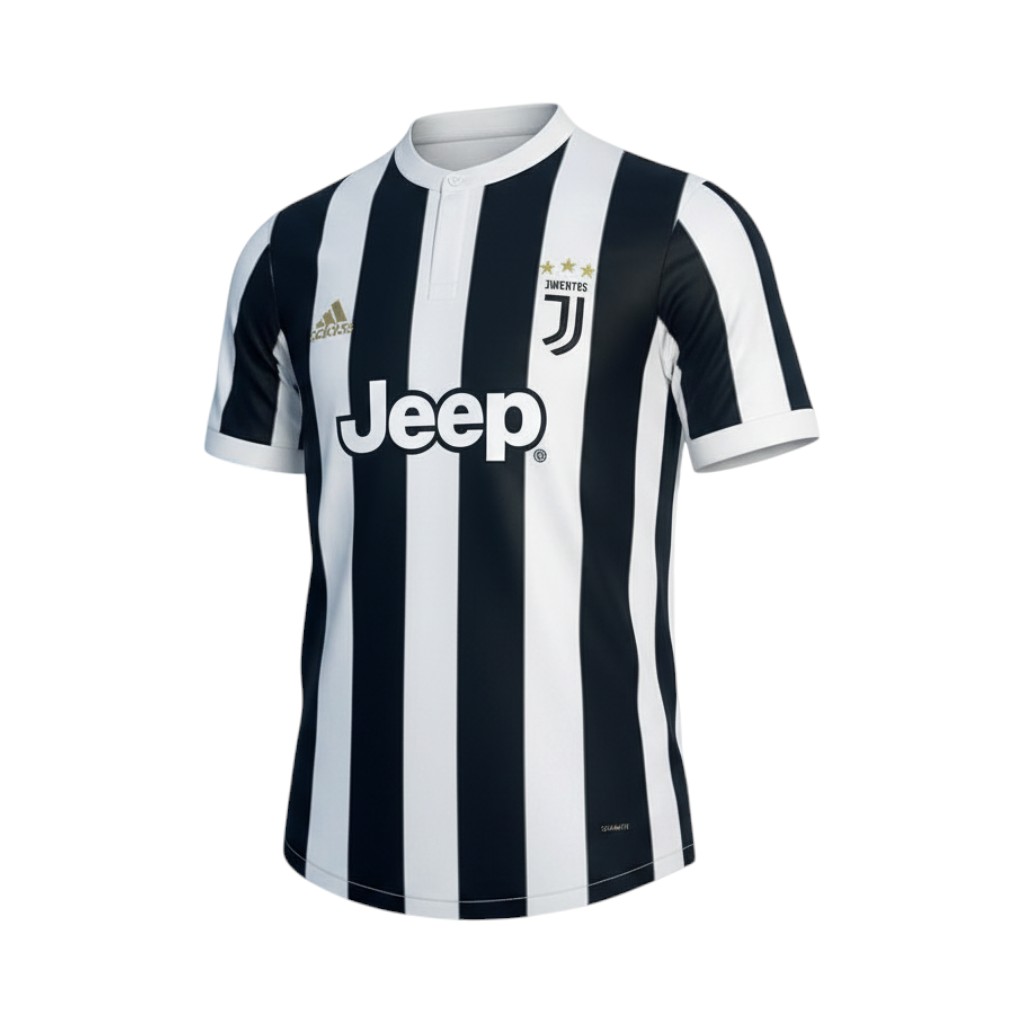 camiseta-retro-juventus-2017-18-primera-equipacion-01 Camiseta retro Juventus 2017/18, primera equipación, rayas blancas y negras, sponsor Jeep. — vista frontal en maniquí